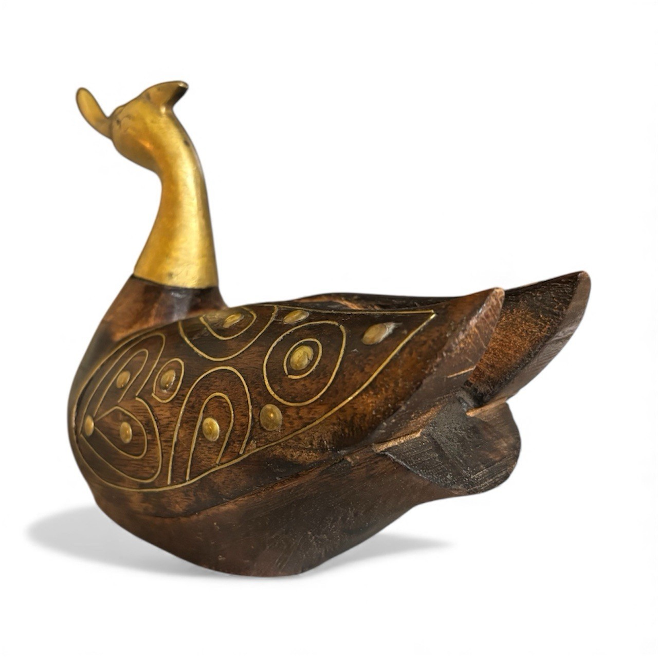 HAND CARVED Solid Wood/Brass Duck Figurine