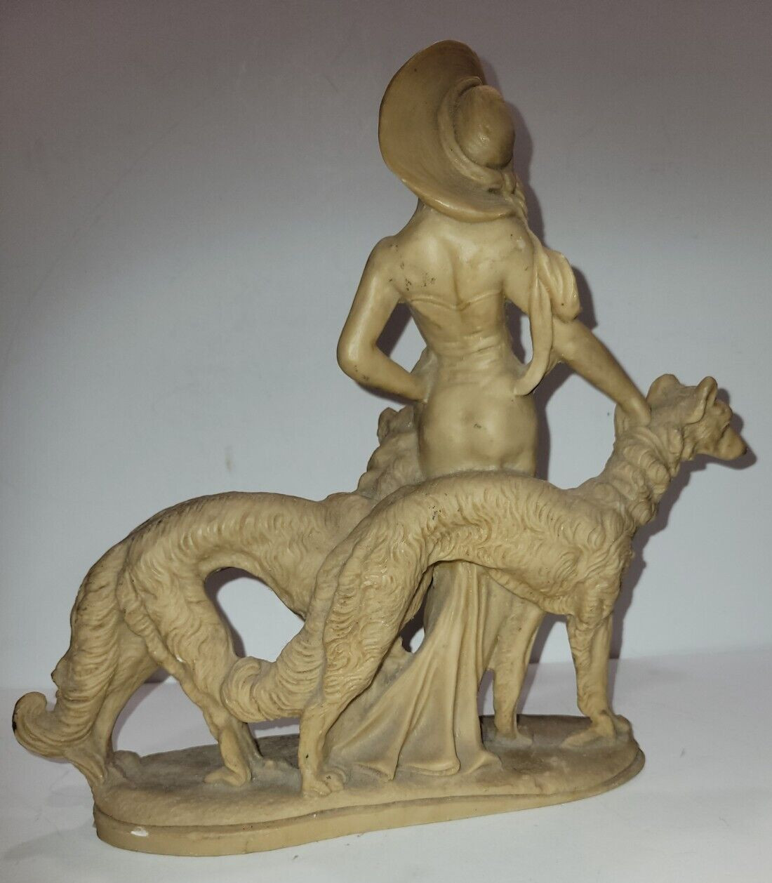 11.25″ Art Deco Resin Statue Lady in a Hat w/2 Wolfhound Borzoi Dogs 1920s Style