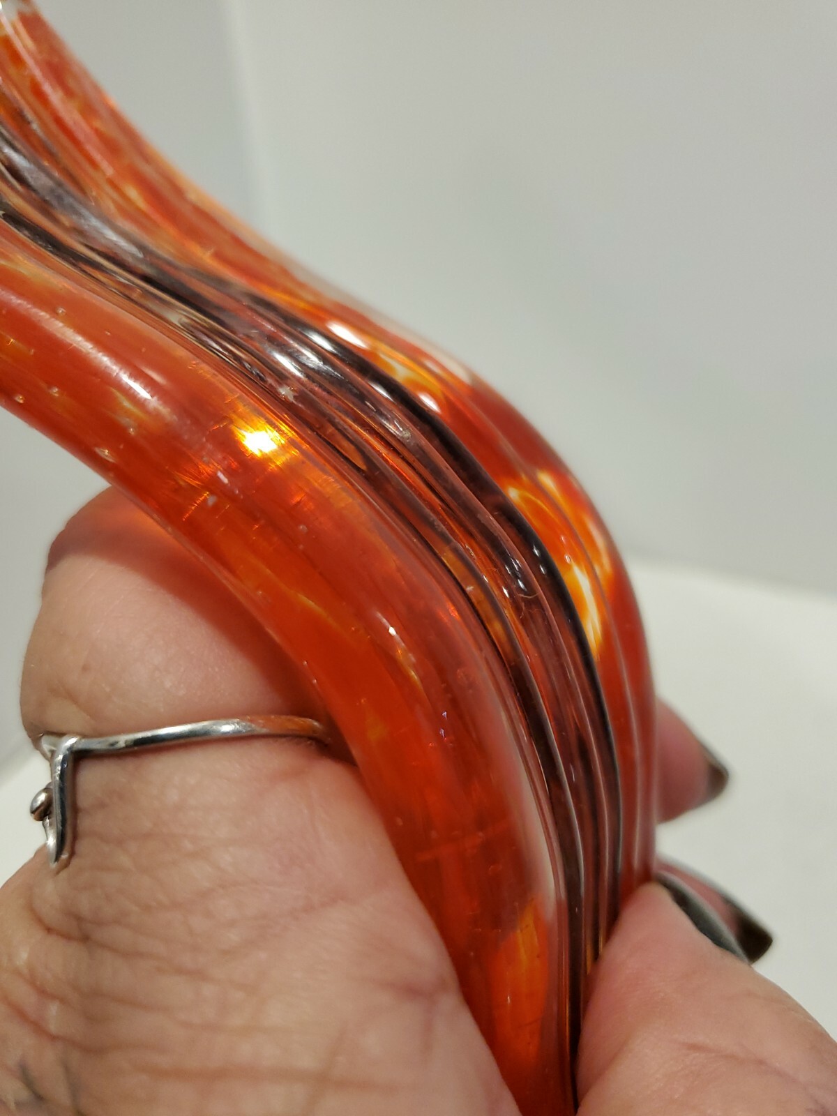 Vintage 1970s Art Glass Orange Black Clear Stretch Bottle Art Decor 14 x 2 “