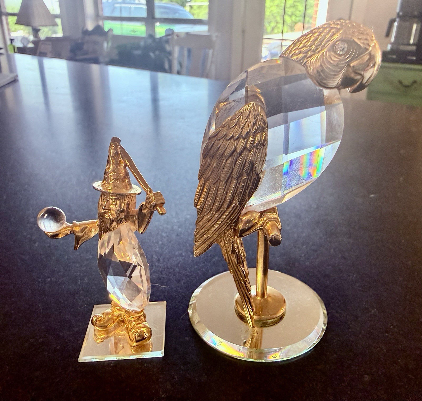 Vintage Crystal Parrot Bird & Wizard Figurines Gold Tone Faceted Glass Set of 2