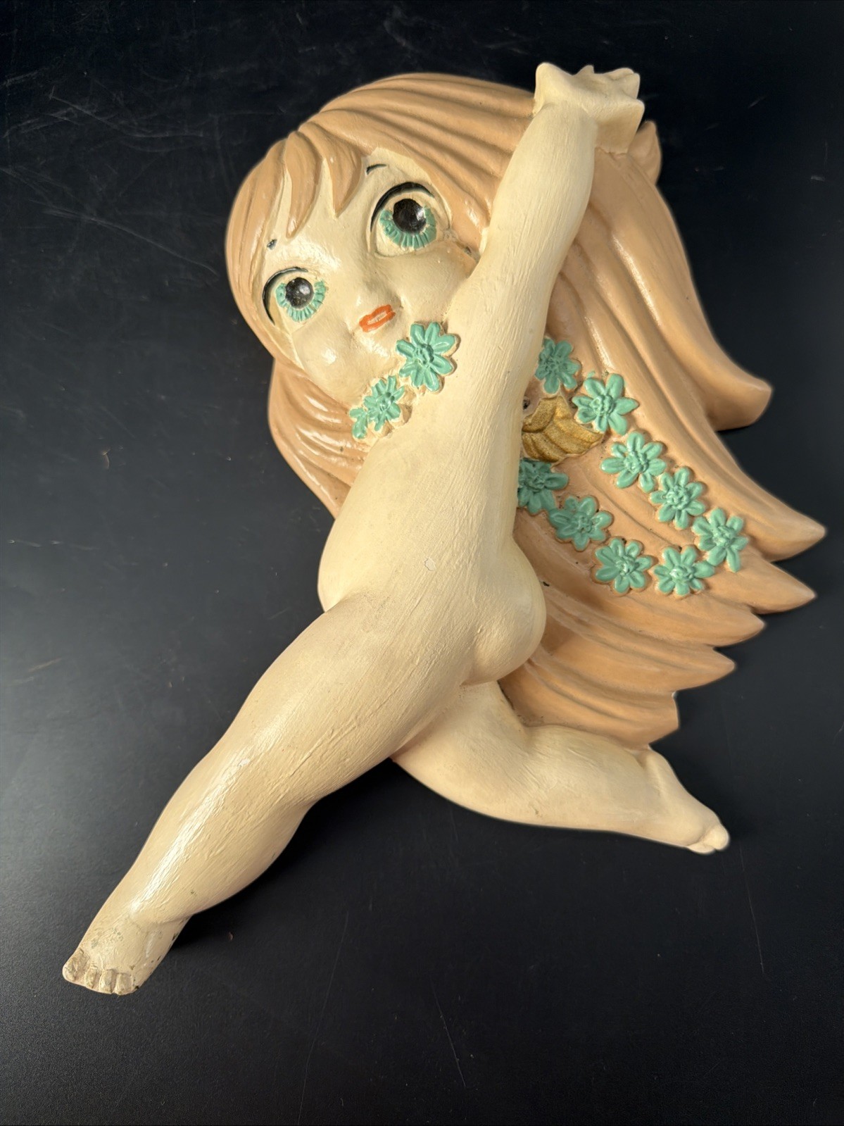 Midcentury Rare Hippie Boho Nude Girl Cherubs Chalkware Wall Plaques Has Chips