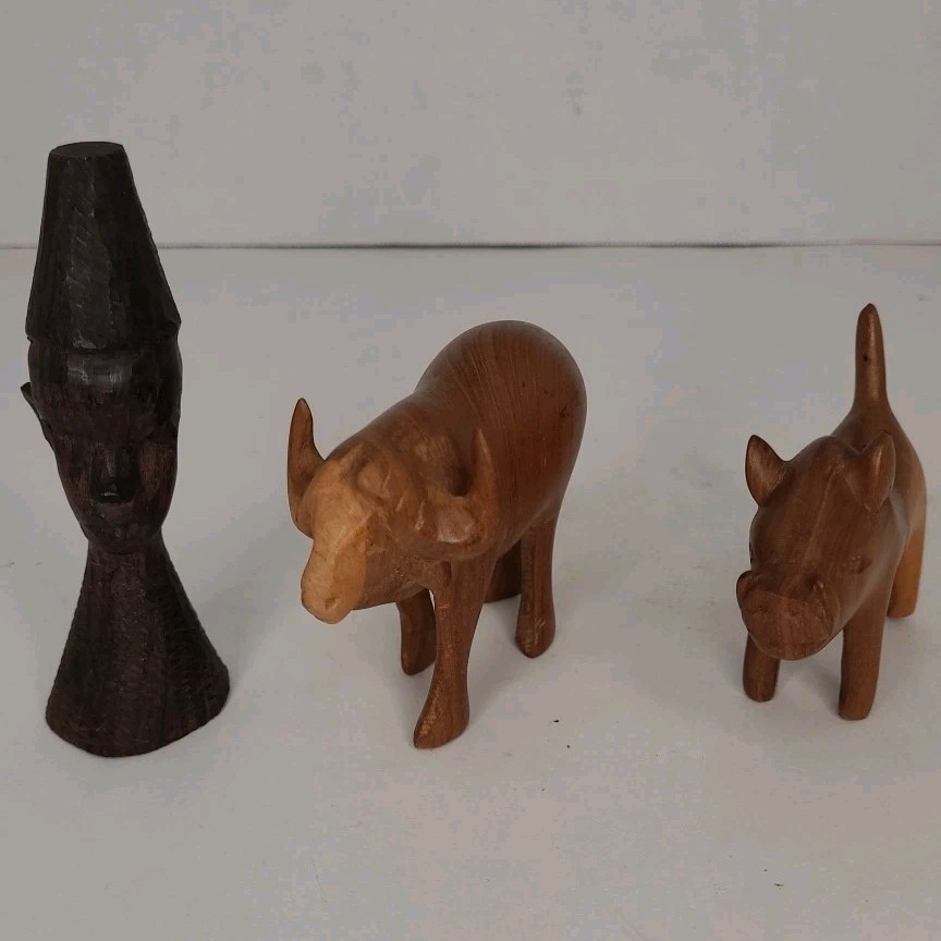 3 Piece Tribesman, Water Buffalo, Warthog Hand Carved Wood Animal African Safari