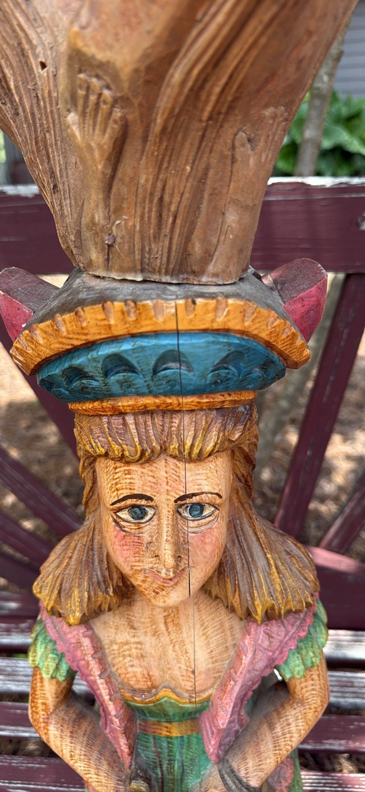 Handmade Hand-Carved Hand-Painted Wood Folk Art Woman Sculpture Signed Aloisi