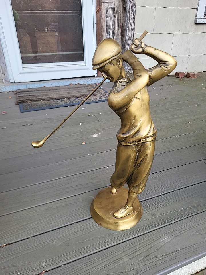 Vtg Look Bronze Tone Golfer Figurine Statue 25.5” Tall Golf Swing Trophy Style
