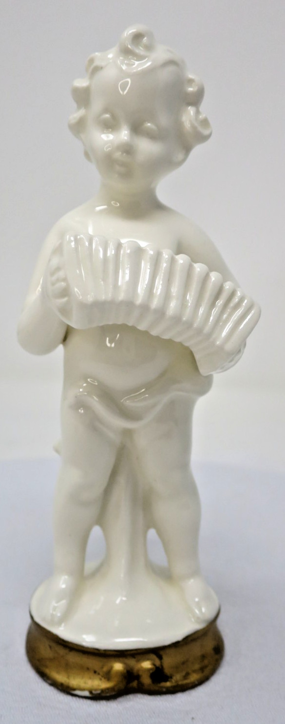 Vintage Cherub/Putti Boy Musician Playing Accordian Japan White Gold Base EVC