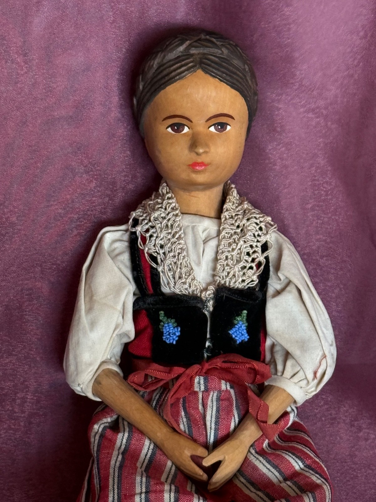 Vintage Swiss Hand Carved Wooden Girl Doll Head Cloth Body Hand made Costume