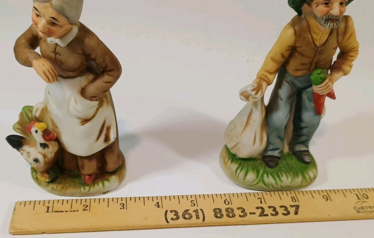 Vintage FBIA Ceramic Old Man With Carrots & Woman With Rooster Tagged 6″