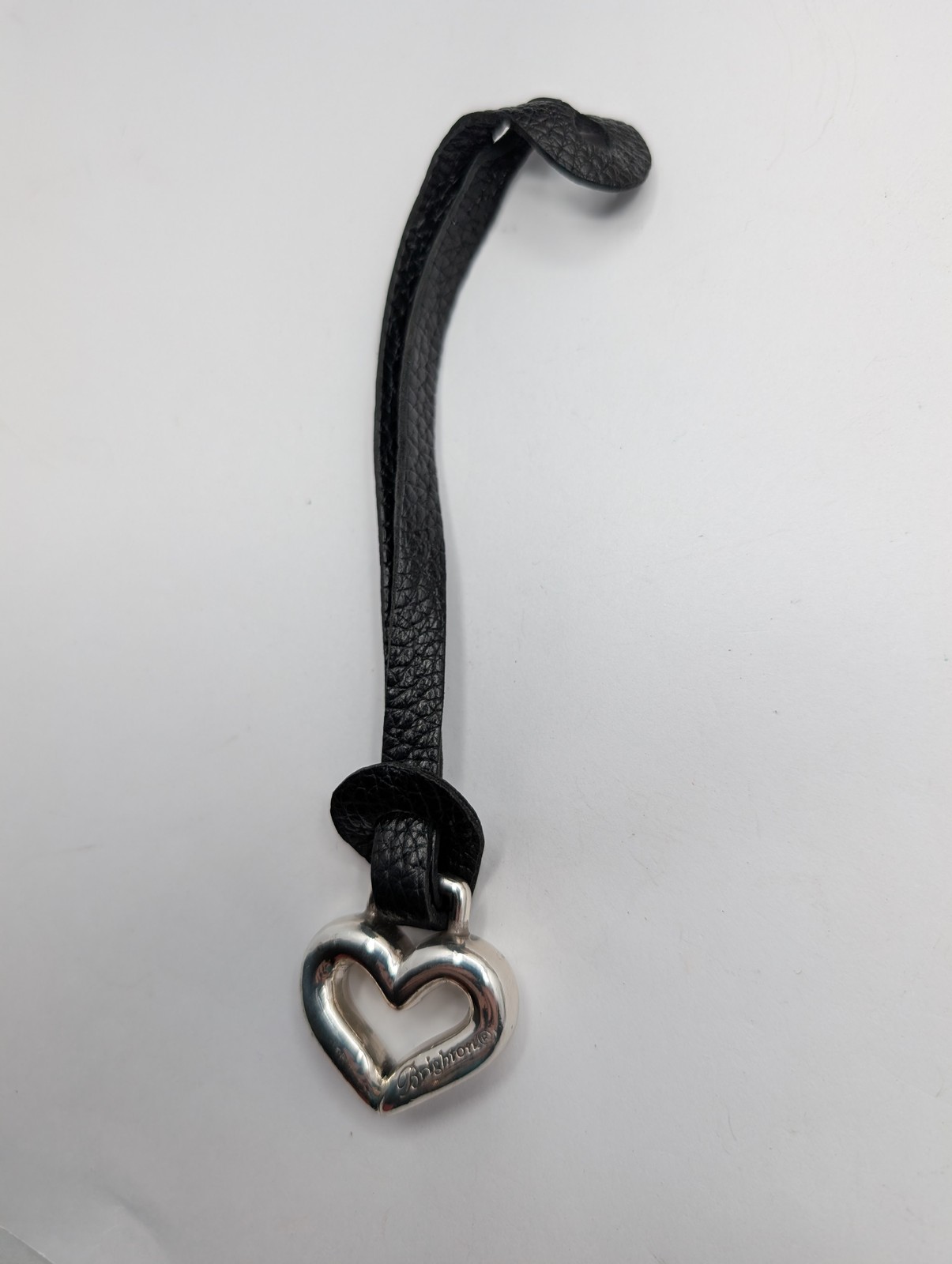 Brighton Silver Tone Heart Charm Black Leather Strap Keychain Bag Charm