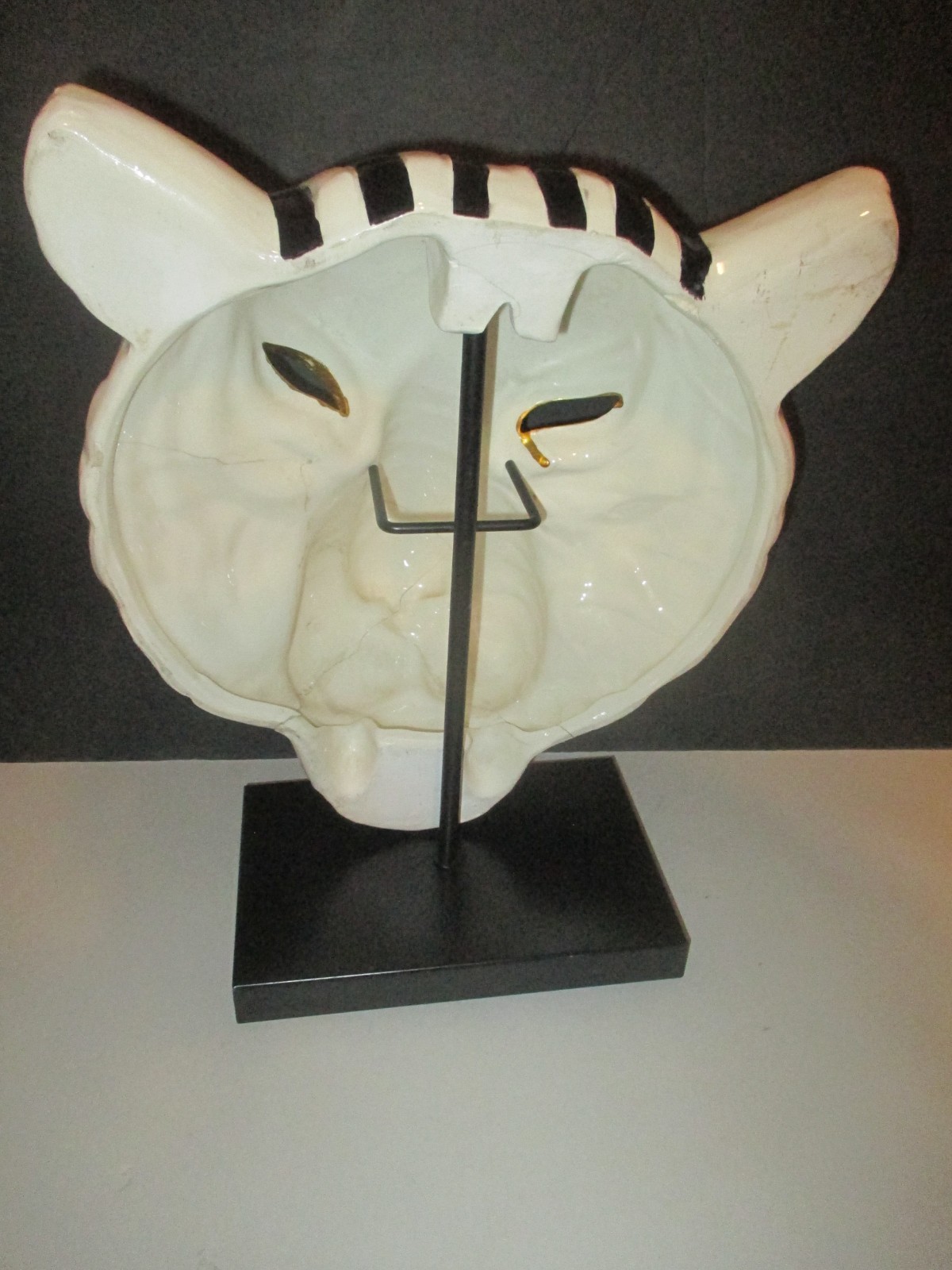 14″ WHITE TIGER BLACK/GOLD MASK SCULPTURE WALL ART HIGH QUALITY DAMAGED+STAND
