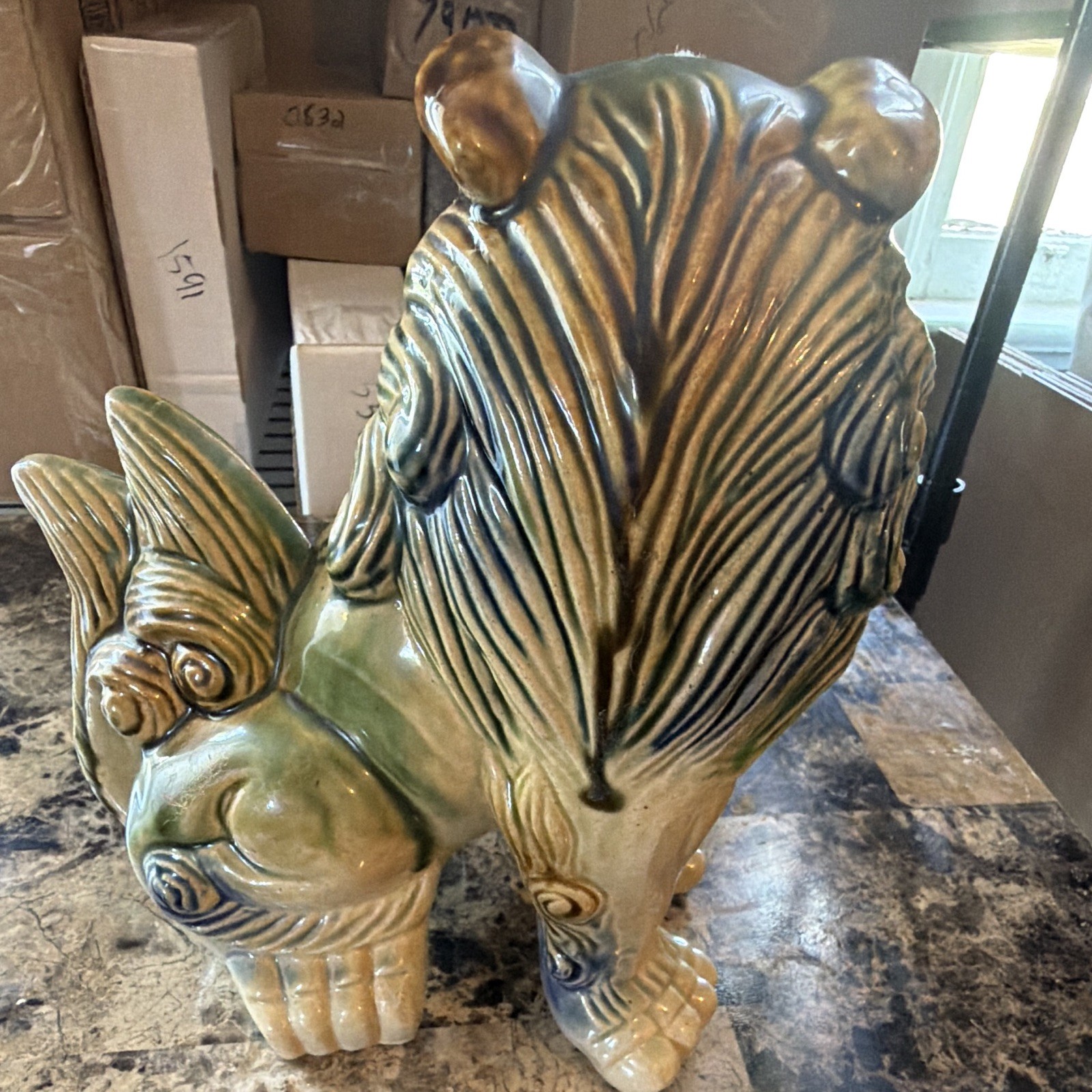 Glazed Ceramic Foo Dog Figurine Statue, 3D Effect, Green Brown Beige