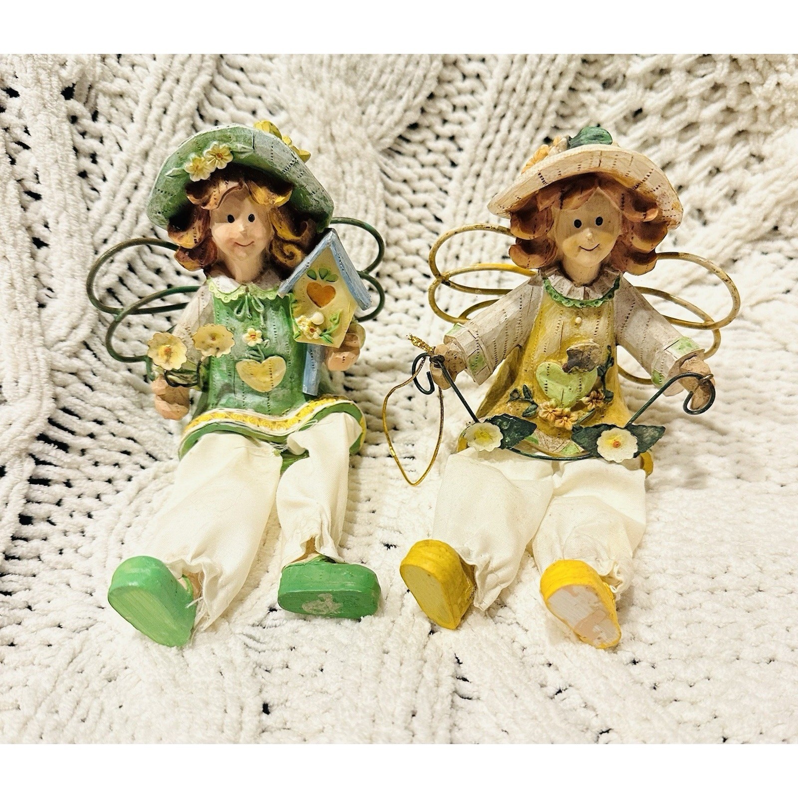 2 Girls w/ Wings Shelf Sitters Garden Spring Summer Outdoors Floral Green Yellow