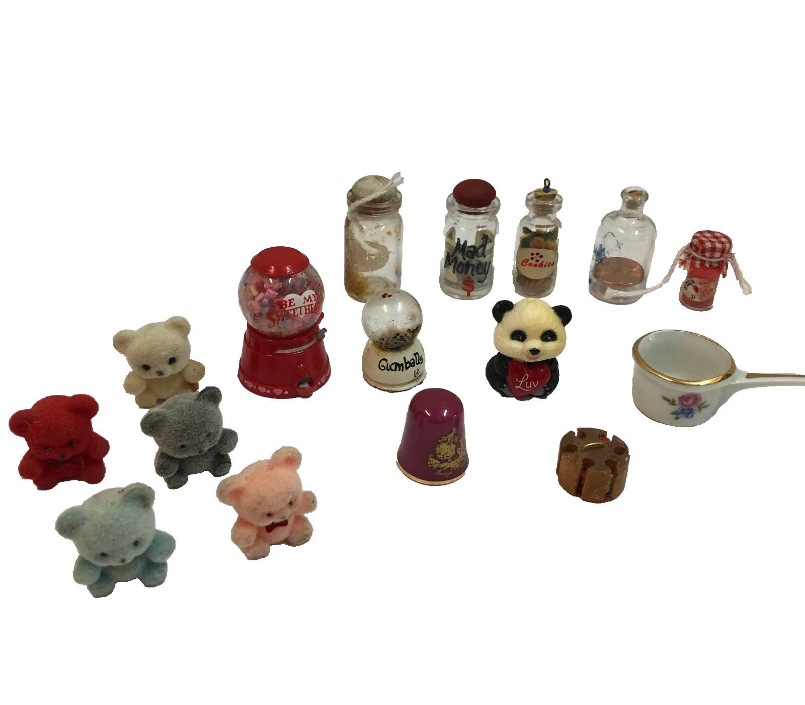 Mixed Lot 16 Miniatures Figurines Thimbles Glass Bottles Bears Poker Chips VTG