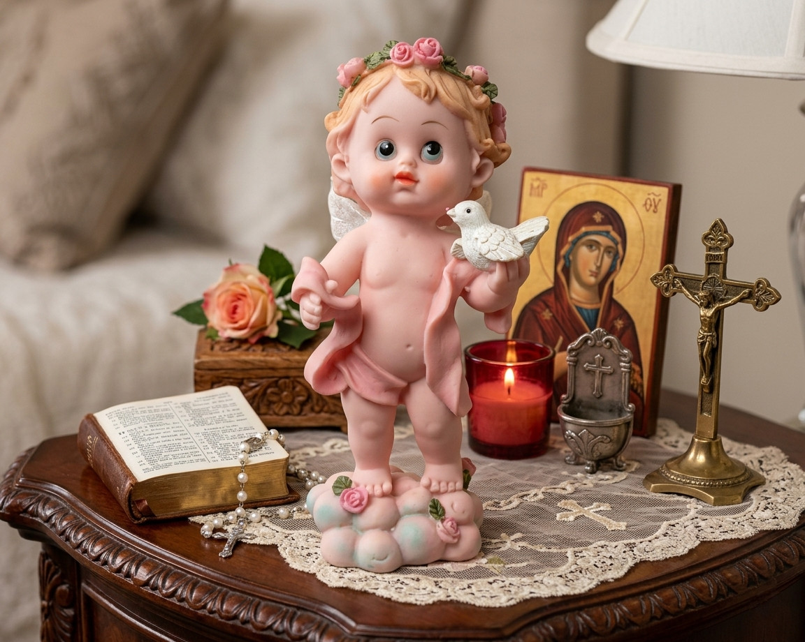 Vintage-Style Angel Cherub Statue – Pink Resin Figurine with Sheer Fabric Wings
