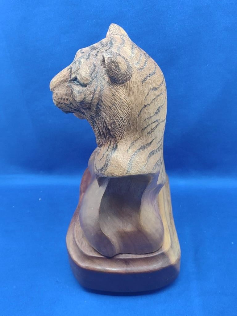 Vtg Wood Carving Bust Pair of Tigers Hardwood on Base 10″ Big Cats Jungle 2003