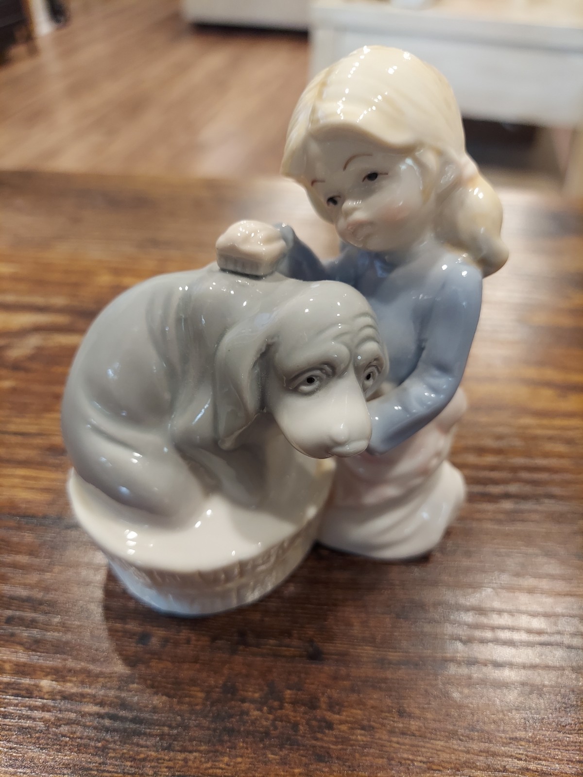 Vintage Porcelain Figurine Girl bathing Dog In Pastels, Sweet Rare, Unbranded