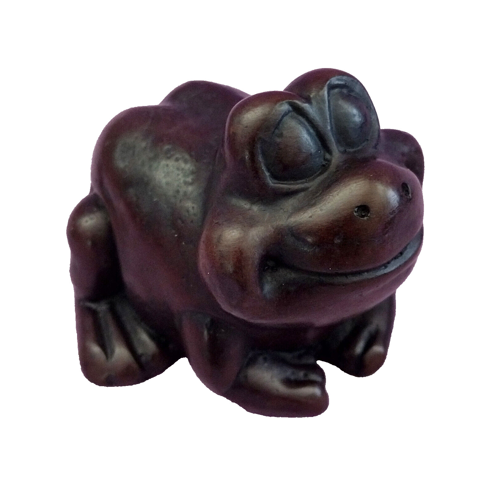 Smiling Frog Figurine Dark Brown Resin Small 2 Inch High 2.5 Inch Long