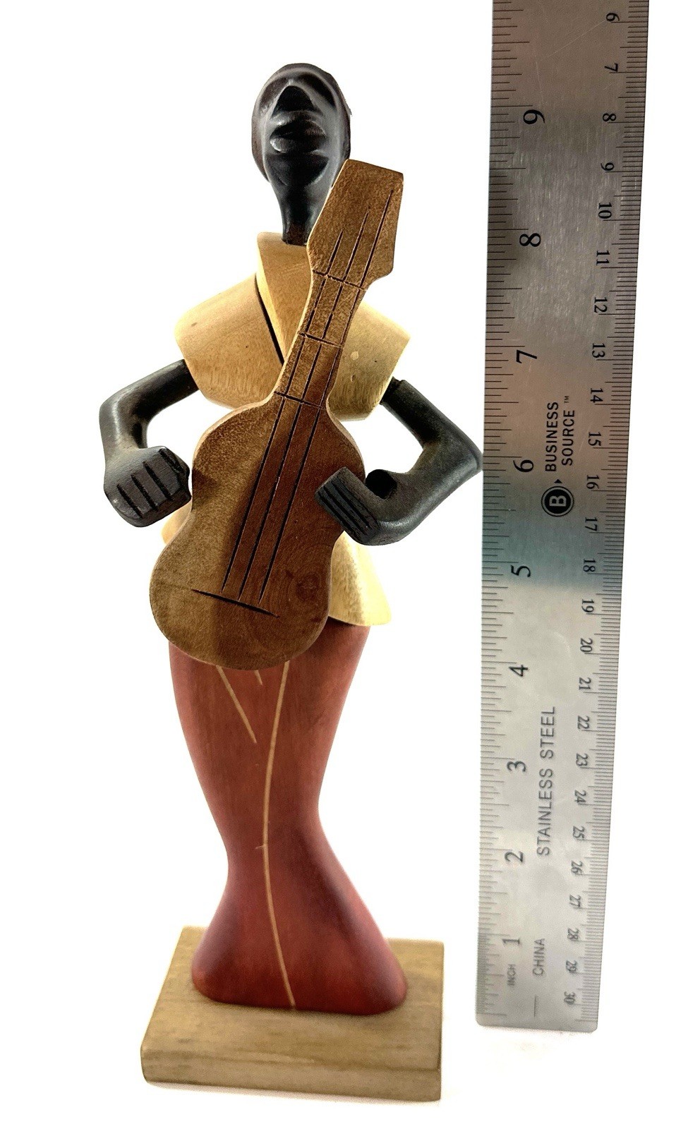 Hand Carved Wooden Woman Guitar Player Figurine 9.5” African Style Musician