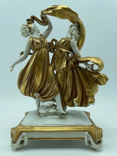 RARE ANTIQUE CAPODIMONTE PORCELAIN & GOLD GILT LADY FIGURAL DANCER STATUE SIGNED