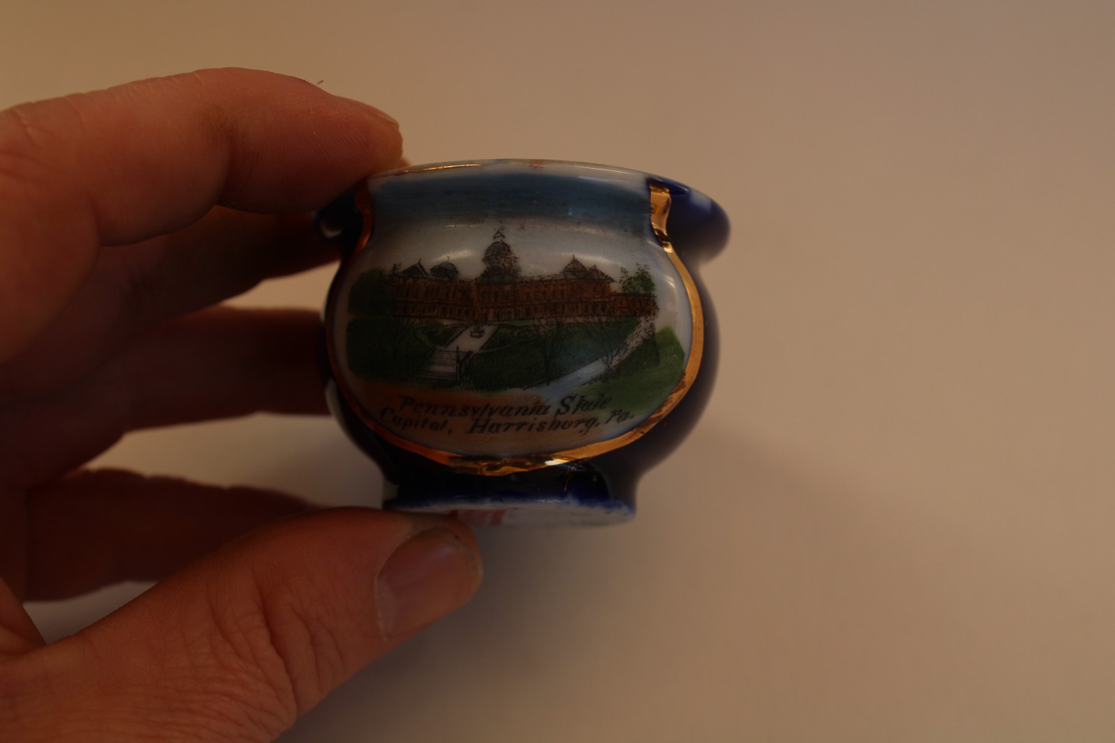 Antique Victorian Germany Porcelain Cobalt Souvenir Pot, Harrisburg Capitol