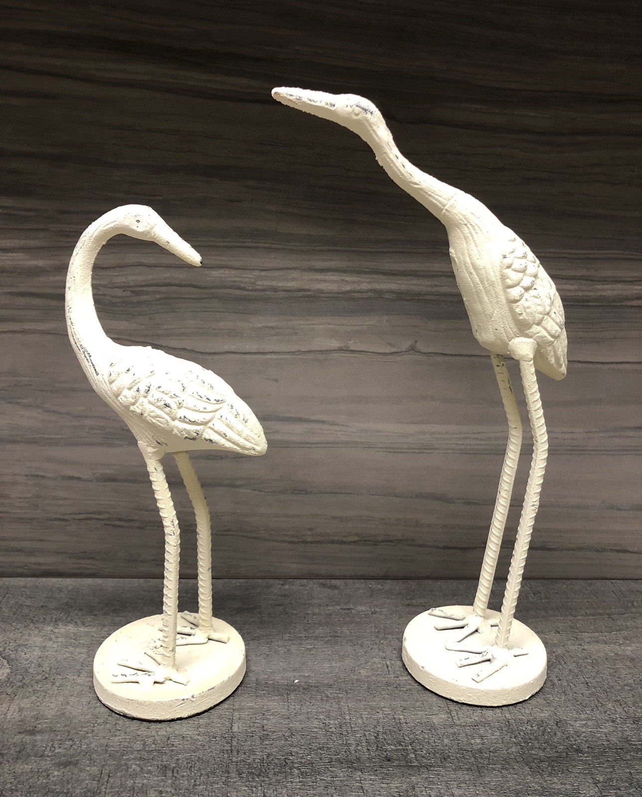 Pair Of Distressed White Metal Coastal Bird Sculptures 10” And 12” Tall