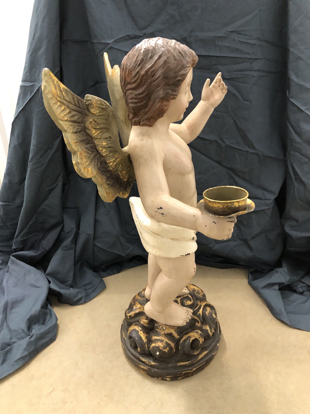 Large Vintage 28” Italian Cherub Putti Angel Composite Stands On Floral Base