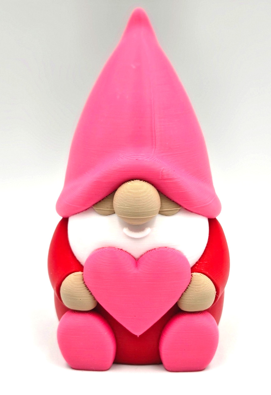 3D Printed Collectible Gnome Figurine with Heart 4.5 Inches – Pink & Red