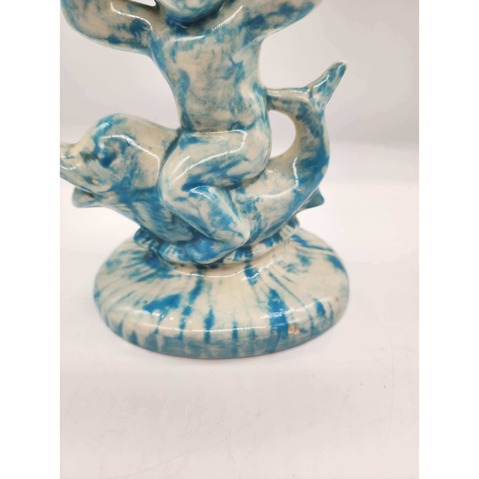 Vintage Blue White Ceramic Cherub Riding Dolphin Shell Soap Dish Trinket Bowl