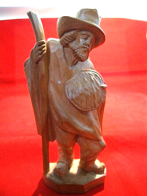 Vintage Hand Carved Wood Folk Art Peasant Man w/Staff and Basket 4″ X 8″