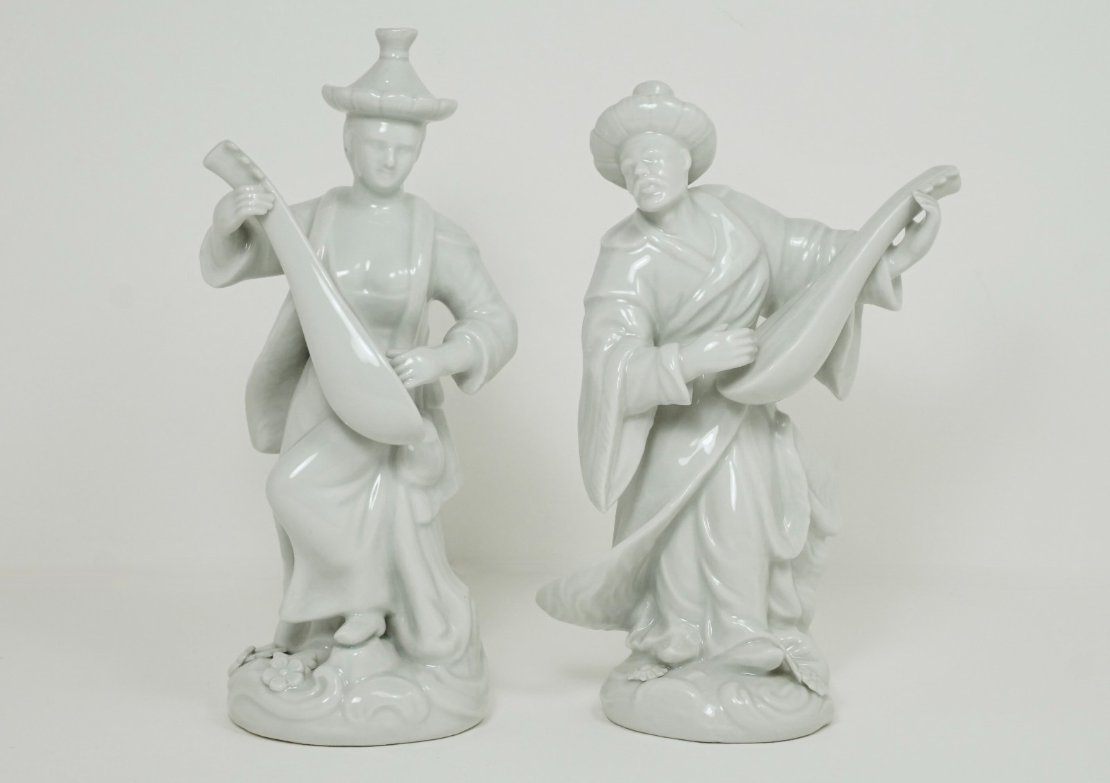 TWO Continental Blanc de Chine White PORCELAIN Malabar Figures, Instruments 8 in