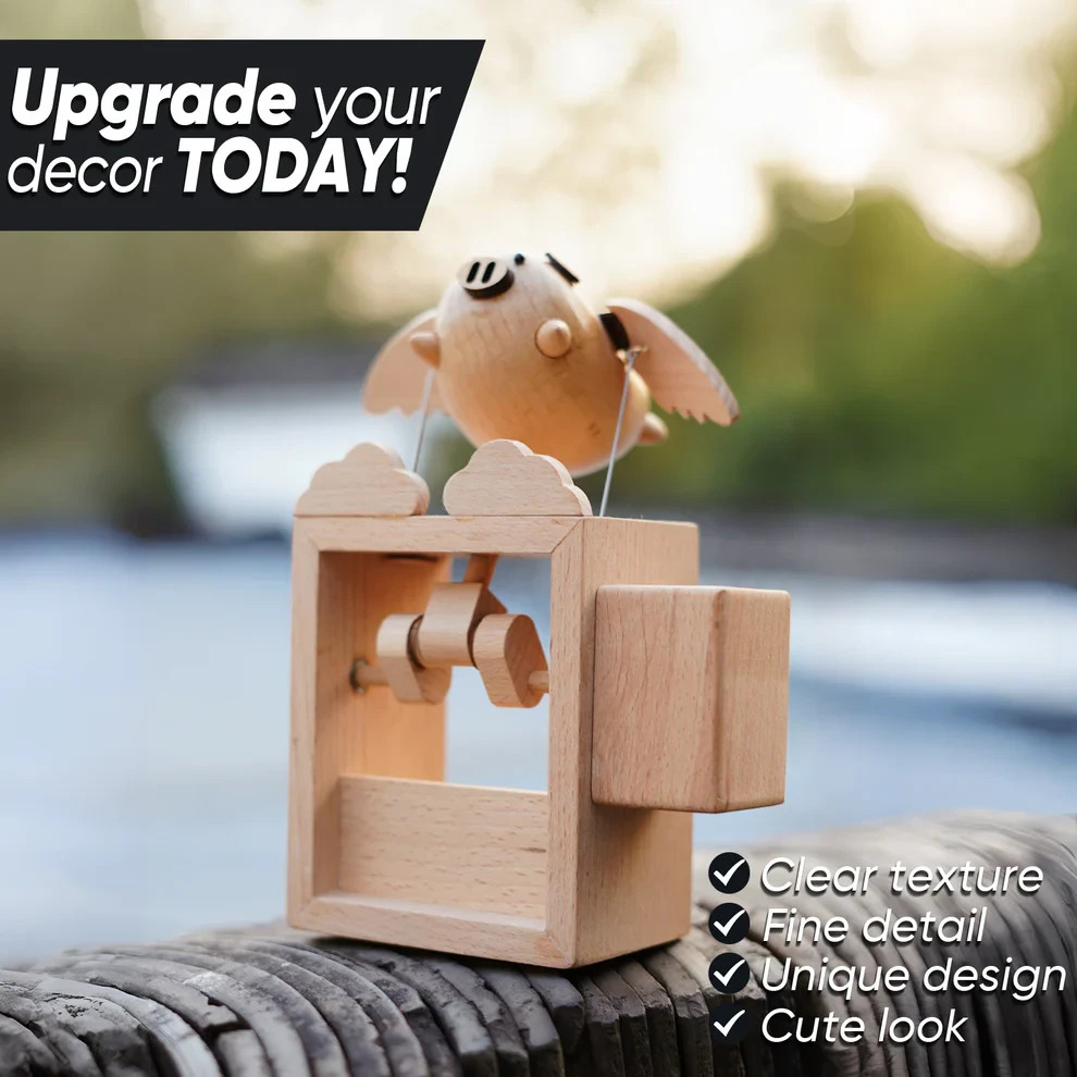 Handmade Wooden Statues Flying Pig,Works of Art Made of Wood for House Decoratio
