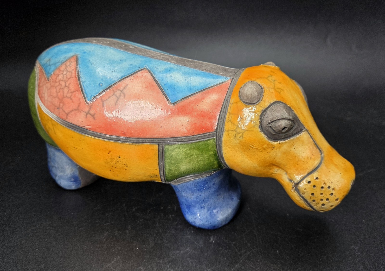 South African Raku Pottery Hippopotamus Figurine Patch Work Glazing w/Crackle