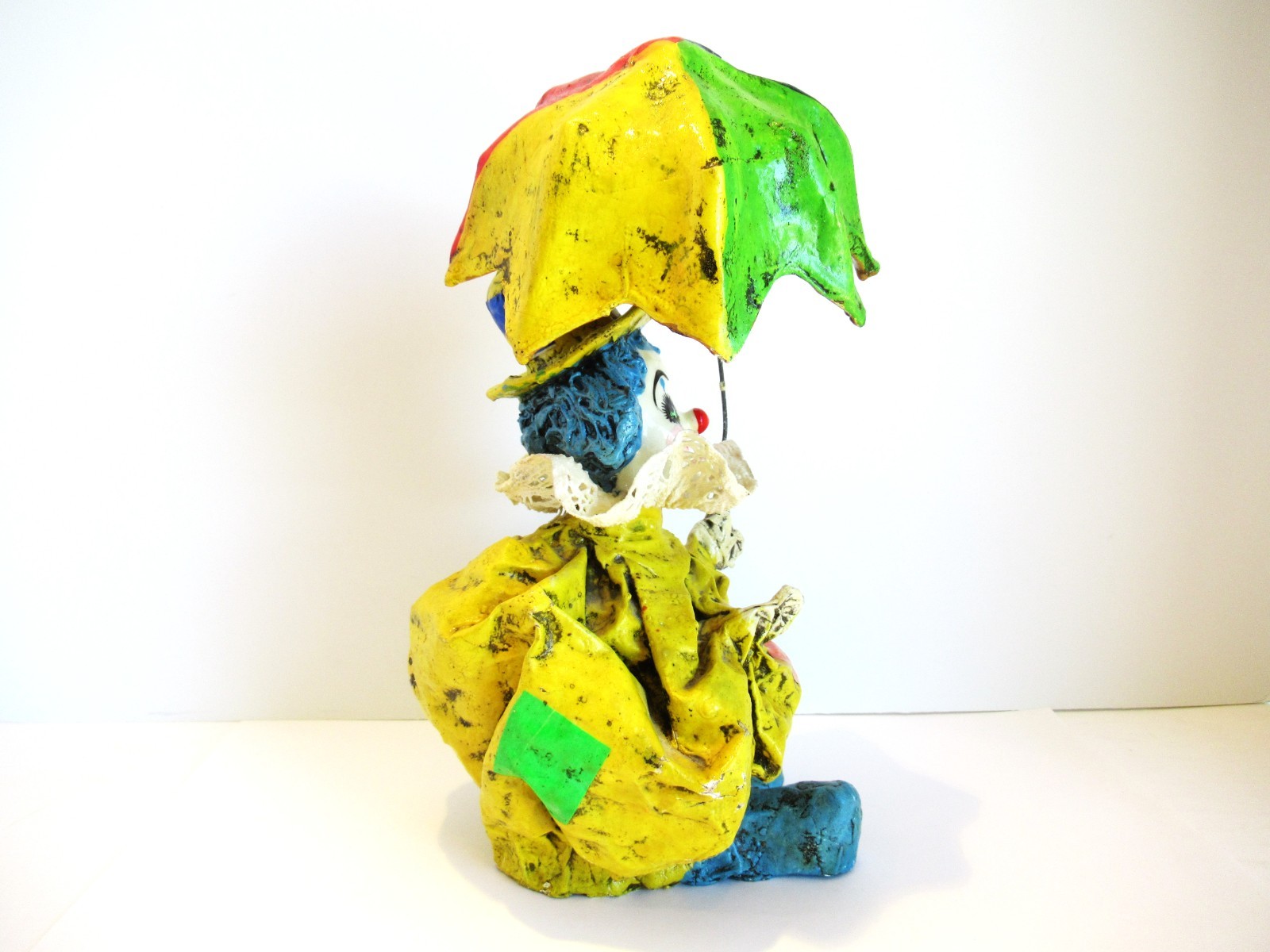 Vintage 1970s Papier (Paper) Mache Clown Figurine with Umbrella 10″ Tall Lace