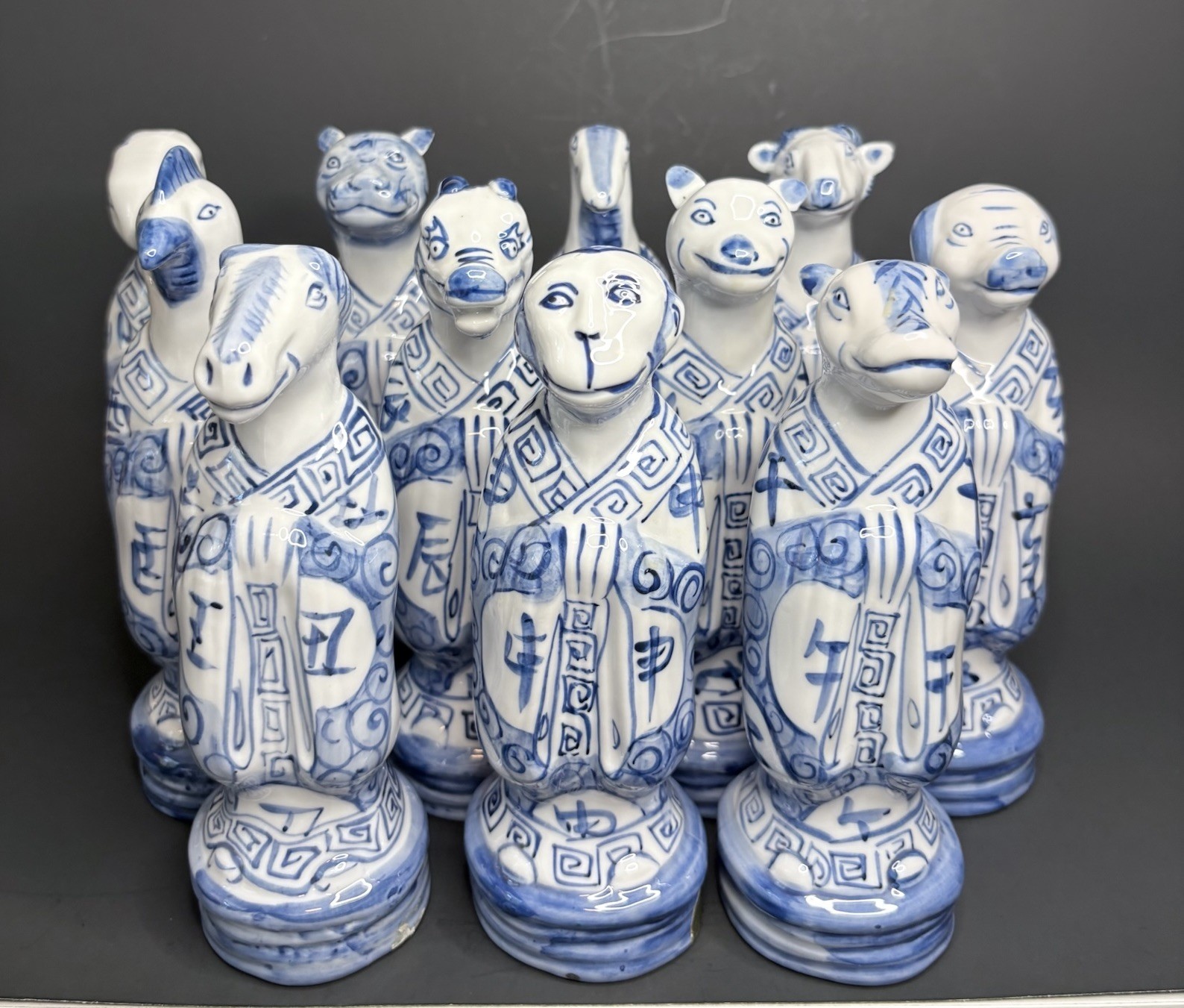 Vintage Porcelain Chinese Zodiac Statues By Andrea by Sadek Blue and White Set