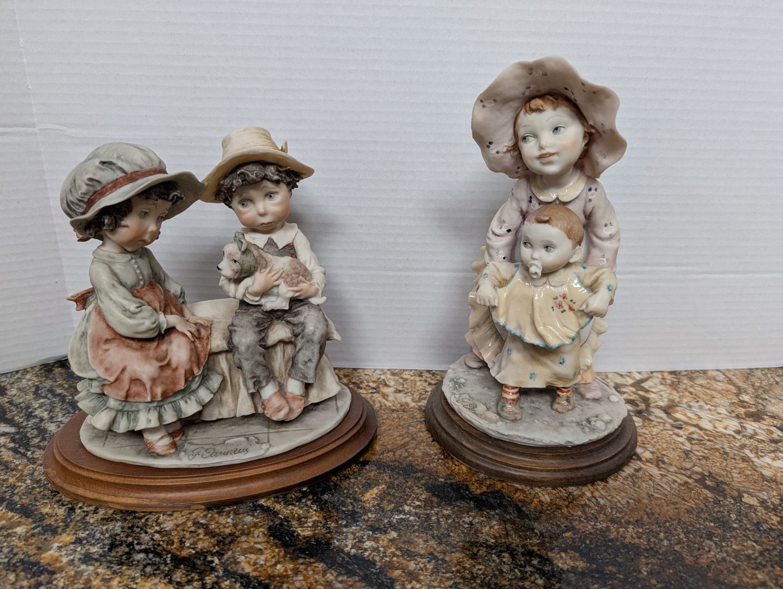 8”x8” Figurine Armani Capodimonte Girl/ boy sick puppy Signed Giuseppe Armani