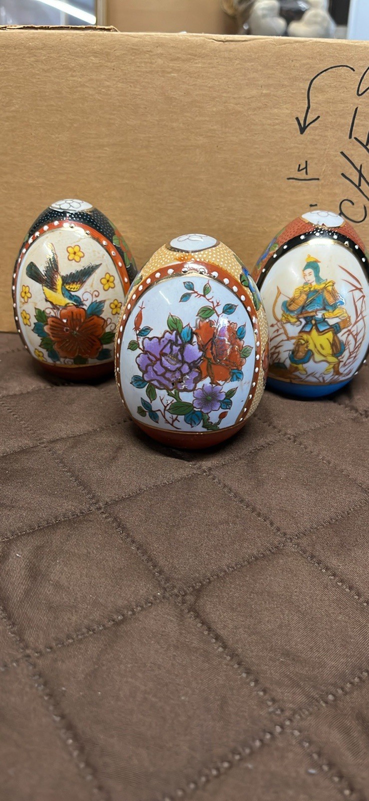 Three Asian Ceramic Hand Painted Eggs 3 1/2 Inches Tall 2 1/2 Inches Wide ￼