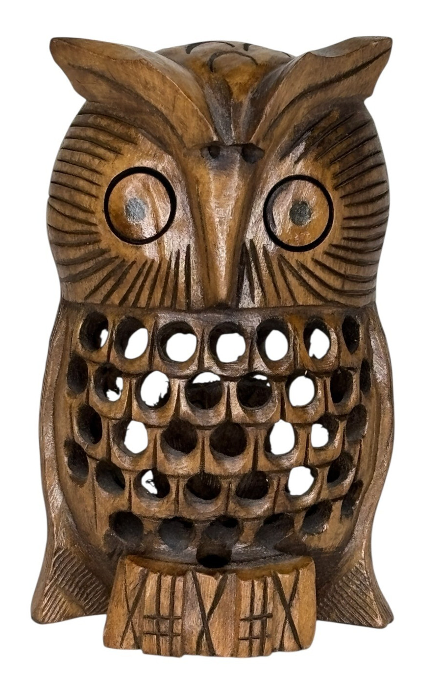 Vintage Carved Wood Owl with Baby Owl Owlet Carved Inside 4″