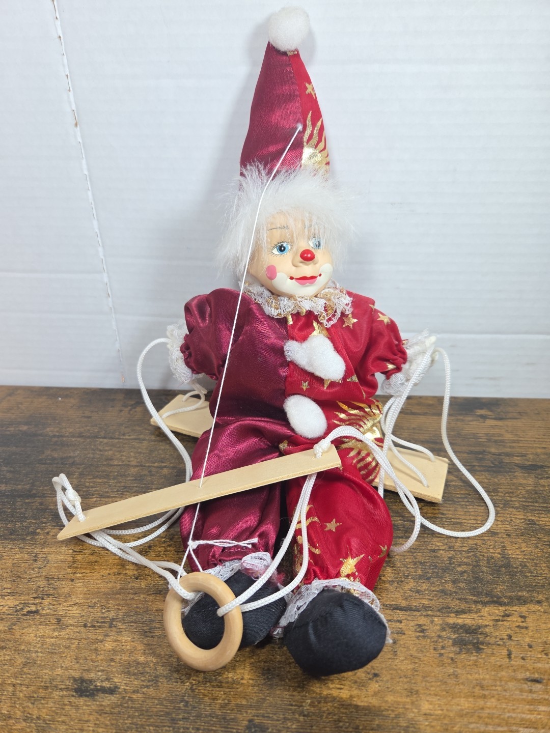 Vintage Clown Marionette Puppet on Swing Porcelain Face Maroon&Gold Costume