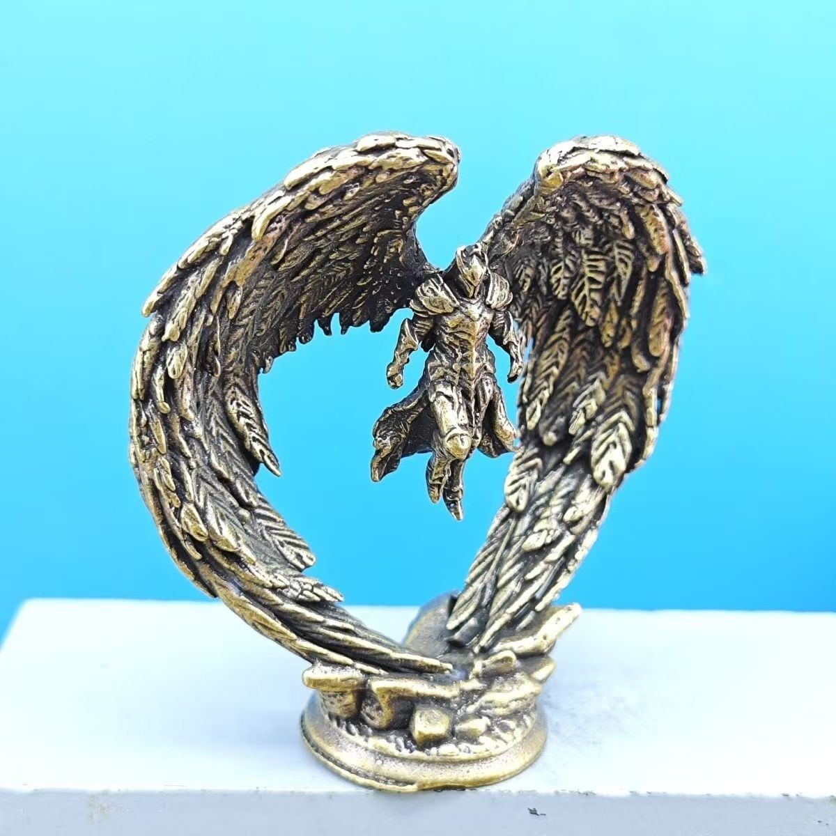 Mini Brass Winged Angel Warrior Figurine Metal Fantasy Desk Collectible