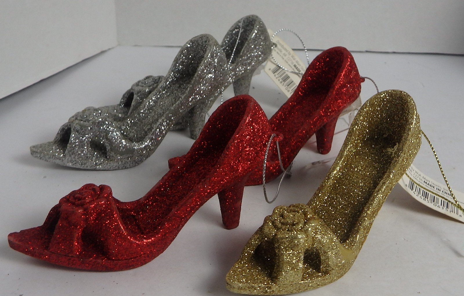 Miniature Glitter High Heel Shoe Ornaments 4″ Red Silver Gold set of 5 NWT
