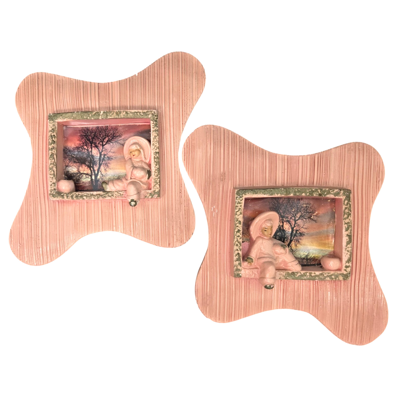 Vintage Pink Asian Chalkware Wall Art Plaques MCM Mid Century Pair Atomic 50s