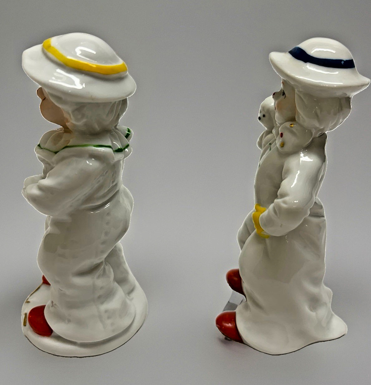 Vintage Japanese Porcelain Clown Figurines Pair Unmarked Mid Century 1950s 60s
