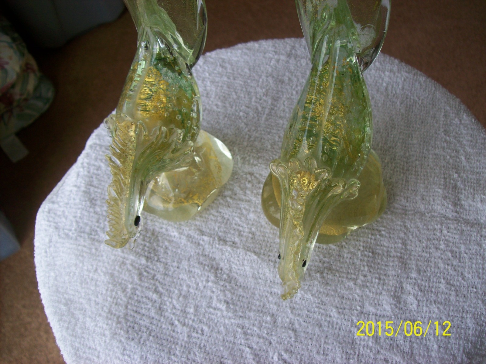 Murano Venetian Mid Century Rare Pair of Gold Flakes Pheasant Tailed Roosters