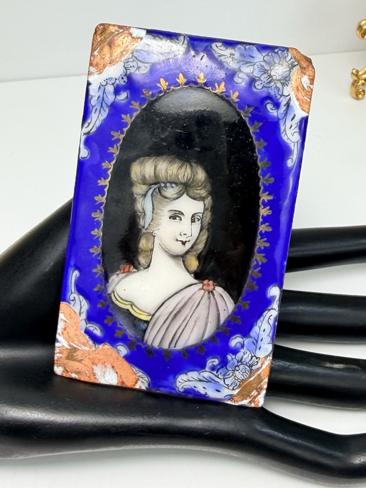 Antique Victorian Enamel Portrait Elegant Lady Porcelain Copper Miniature Plaque