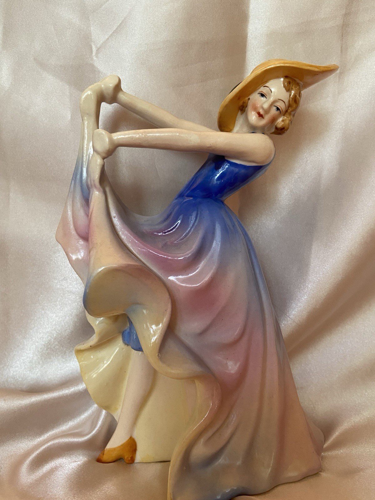 Vintage Art Deco Dancing Lady Figurine ~ Pink, blue and yellow dress