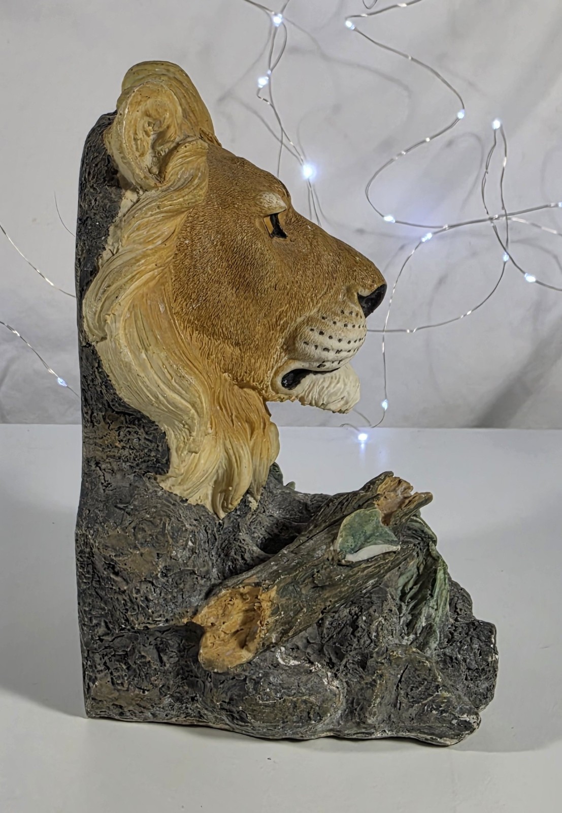 Vintage Lion Head Bust Figurine Resin Wildlife Statue on Faux Stone Base B14