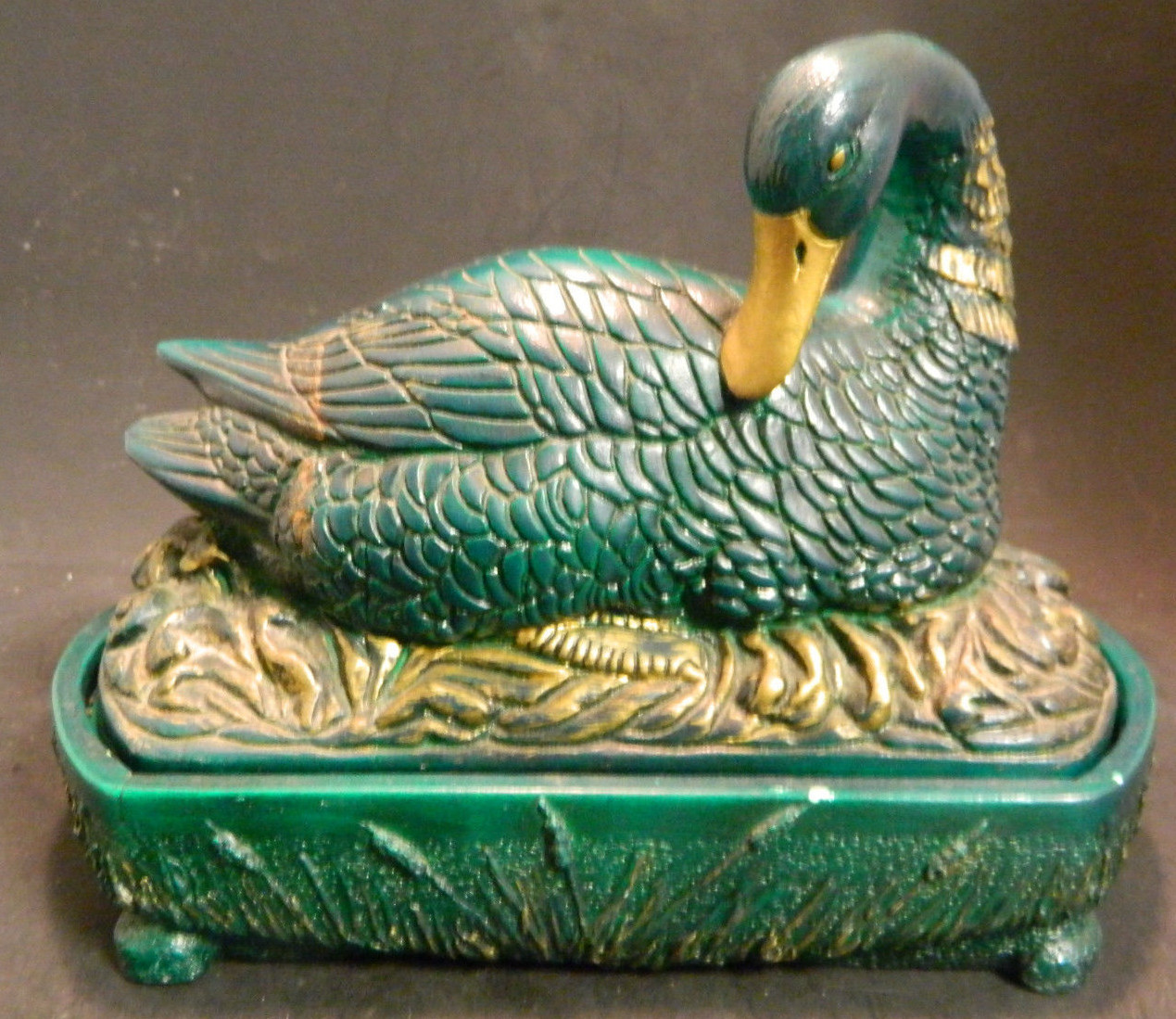 Vintage Unique Stone Green Nesting Duck Playing Card Storage Box Very Good Cond