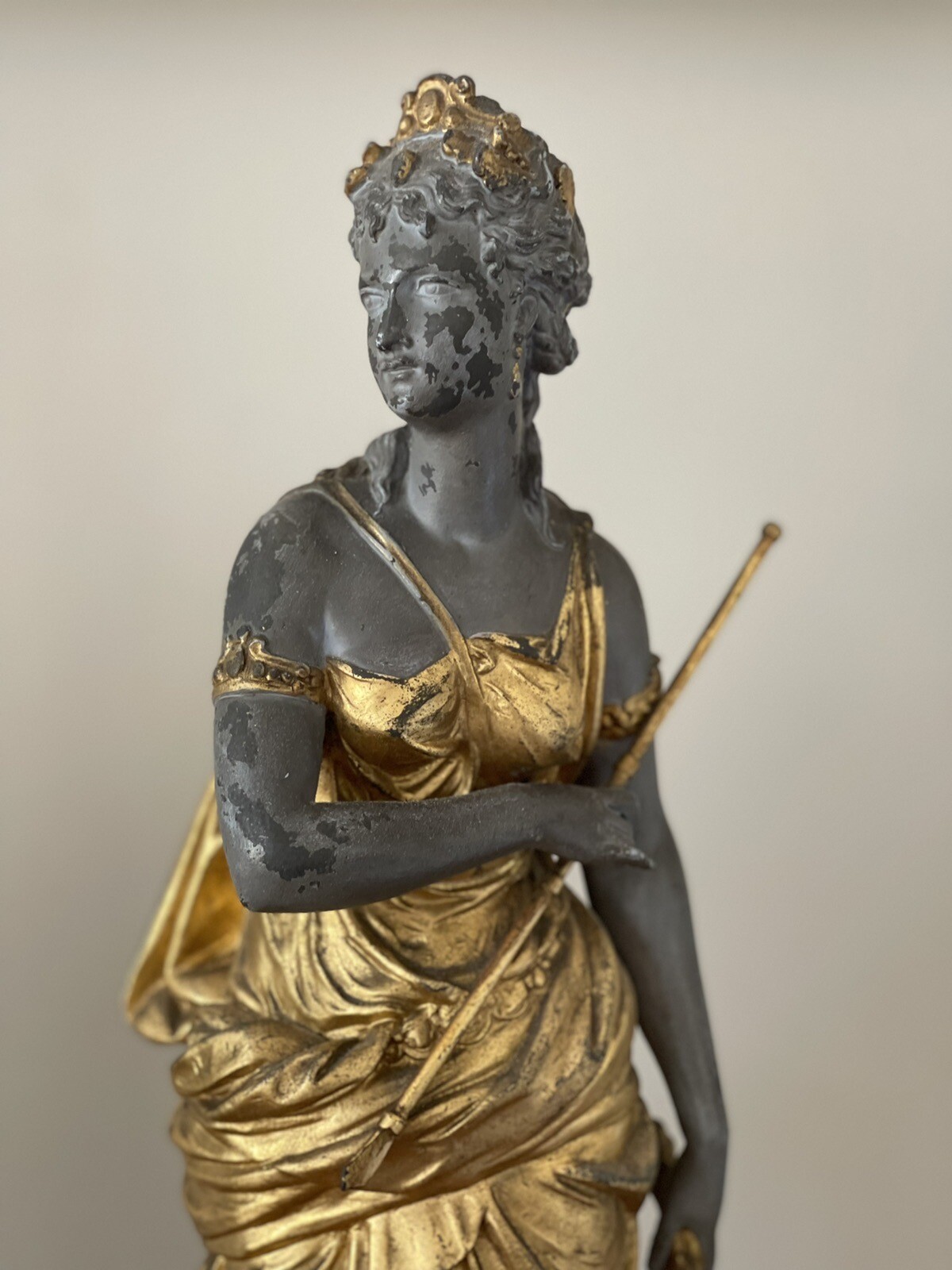Rare Pair Antique Goddess Aphrodite Diana The Huntress Spelter Statue Lamp
