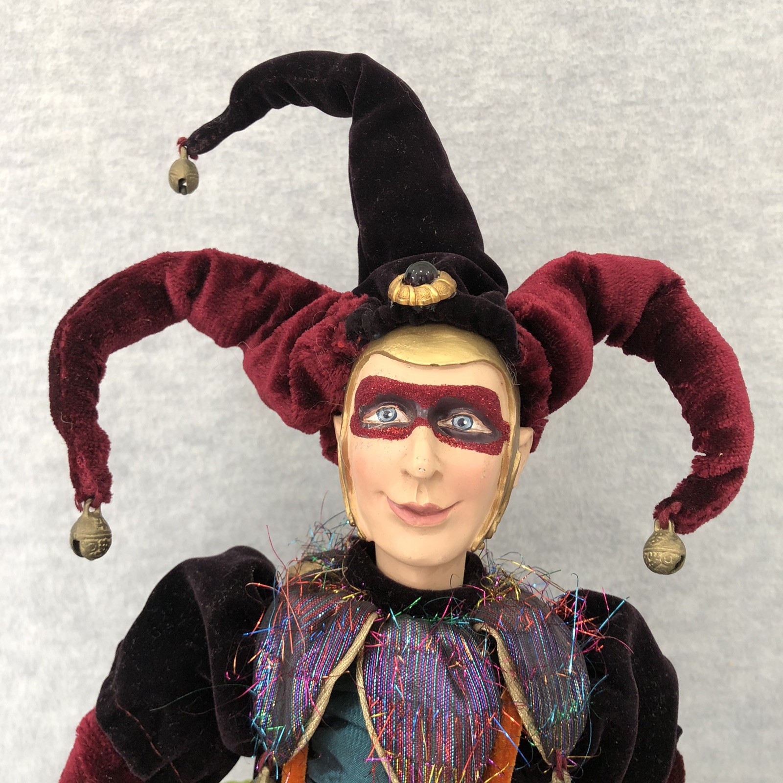 Vtg Harlequin Jester 24” Doll Figure Burgundy Purple Velvet Mardi Gras Decor HTF