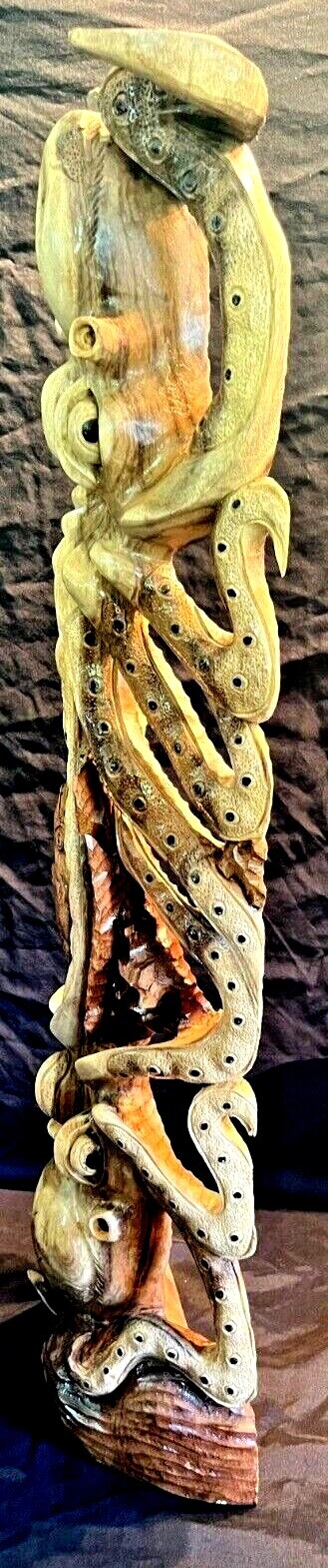 2 Octopus Fighting For A Fish Wood Sculpture/Carving, Entirely Hand Carved
