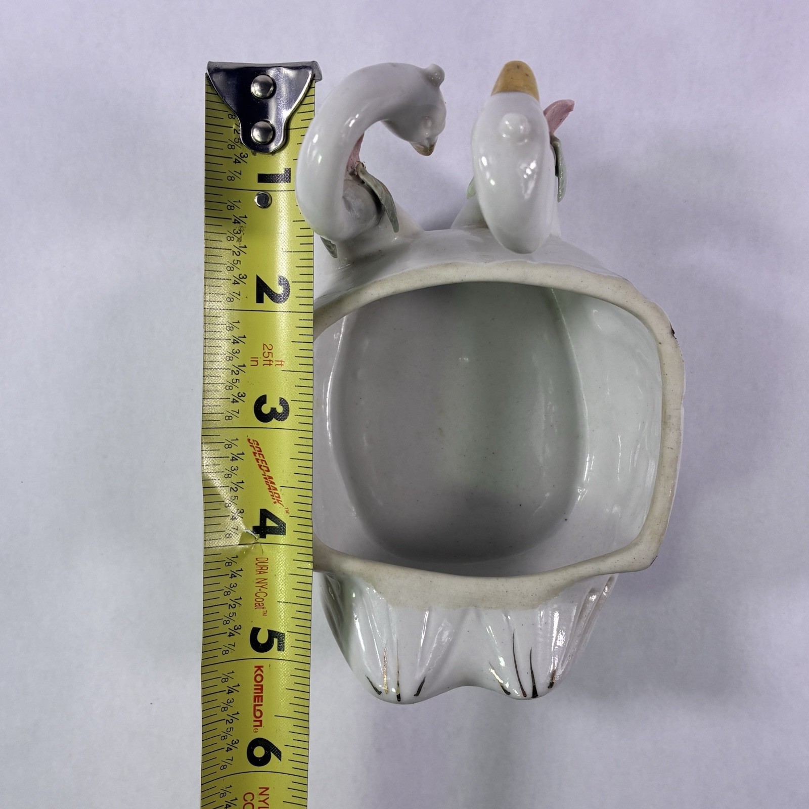 Vintage 2 Swans Trinket Dish Figurine Porcelain Roses Small Flowers Decor